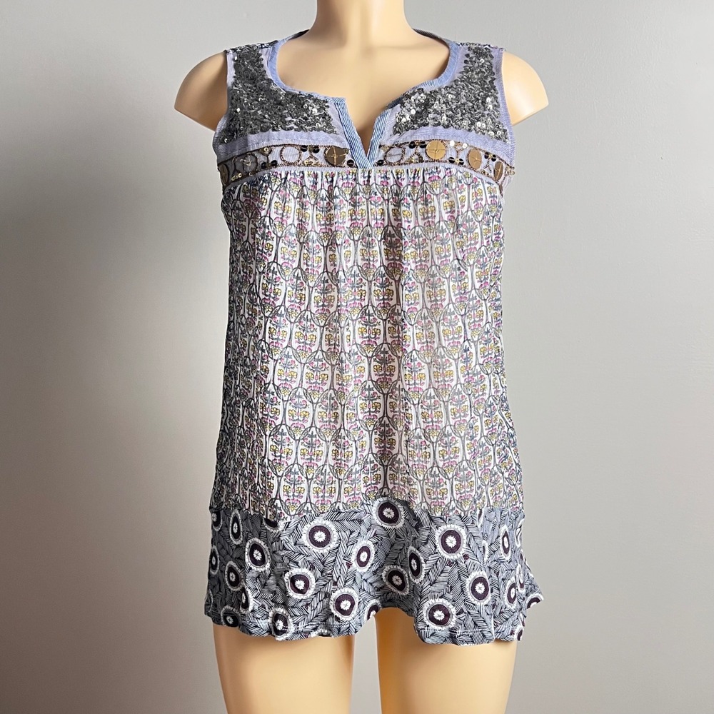 Akemi + Kin Tunic Top Womens Small Sequin T lined High Low Blue Boho Hippie READ